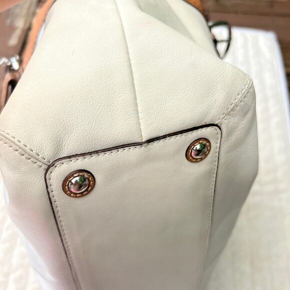 Coach F13782 White & Tan Leather Shoulder Bag Silver Buckles Classic Tote - Picture 9 of 14